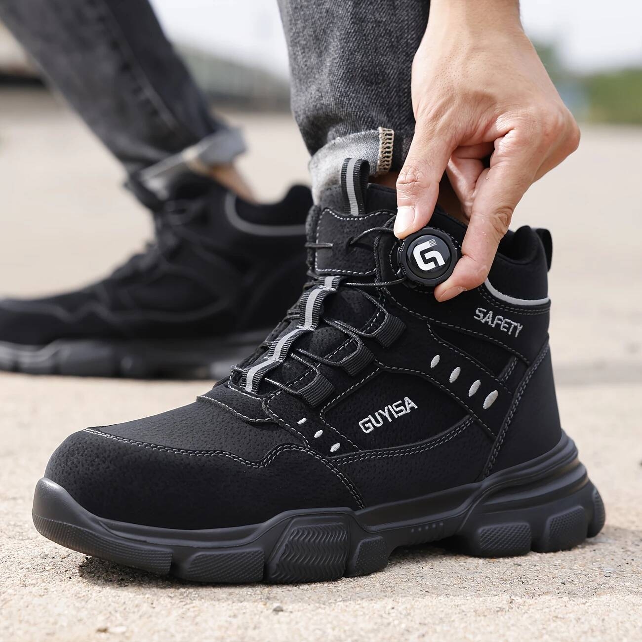 1 pair mens high top work shoes steel toe safety sneakers with side comfortable anti smash anti puncture casual sports footwear solid color round toe eva sole fabric new retro style college style movement style spring autumn spring summer details 2