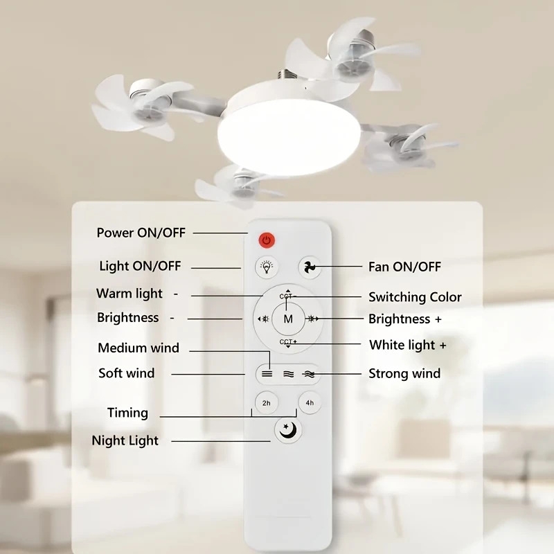 2025新款吊扇灯，大号led灯带4个风扇头，强劲风速，适用于e26/e27接口，适合客厅、庭院、卧室等大空间的通风与照明 详情 8