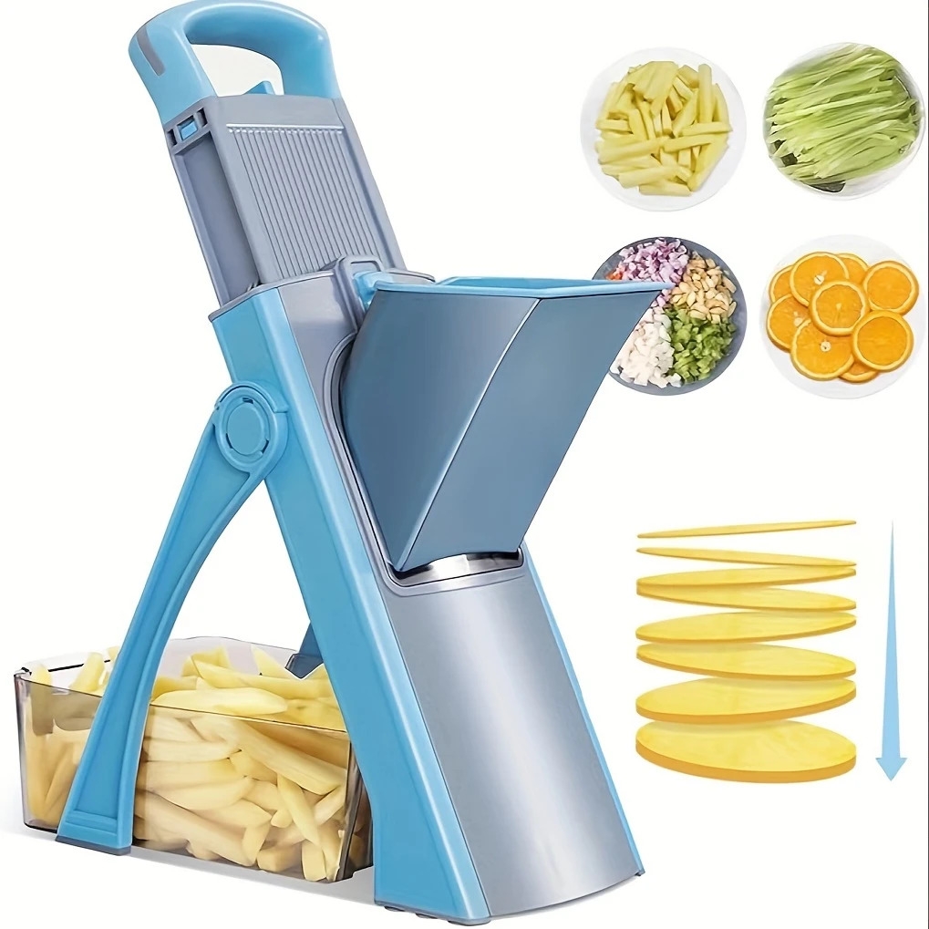 kitchen safety mandoline slicer larger size vegetable food chopper with adjustable potato slicing thickness julienne dicer kitchen multi functional vegetable cutter stainless steel blade manual operation no electricity needed kitchen modern kitchen tool durable kitchenware blue 7