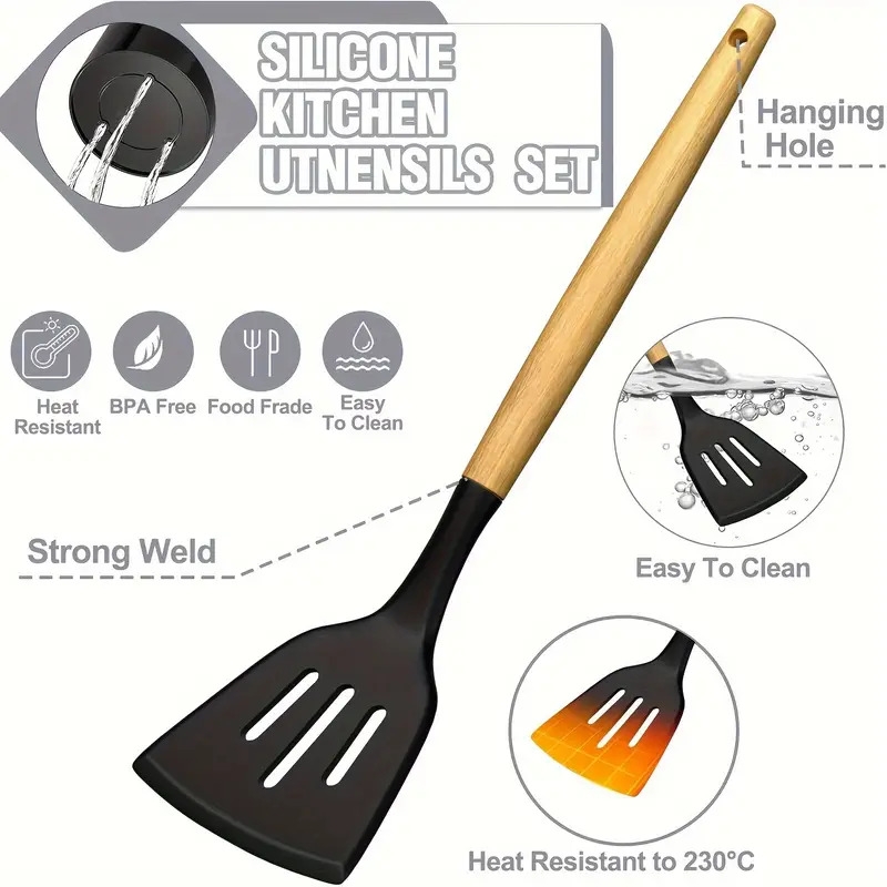 kitchen utensils set 34pcs silicone cooking utensils with holder heat resistant kitchen utensil spatula set for nonstick cookware black wooden handles kitchen gadgets tools set 4