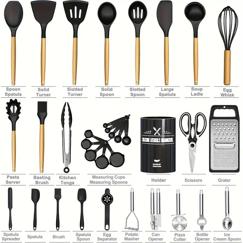 kitchen utensils set 34pcs silicone cooking utensils with holder heat resistant kitchen utensil spatula set for nonstick cookware black wooden handles kitchen gadgets tools set 3