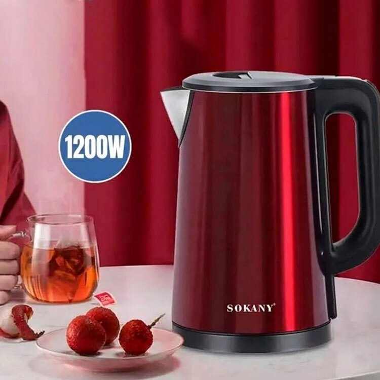 Sokany 1200W red electric kettle with hot tea