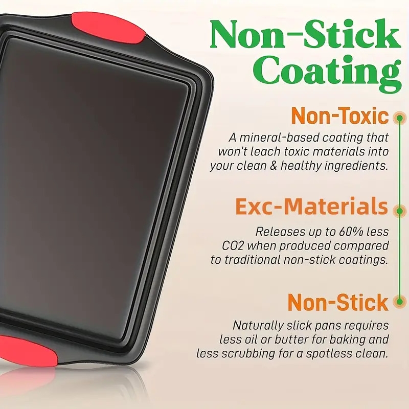 3 件装碳钢不粘厨房烤箱烤盘，奢华时尚内外不粘，商业级餐厅品质金属烤盘，配红色硅胶手柄 商品详情 4