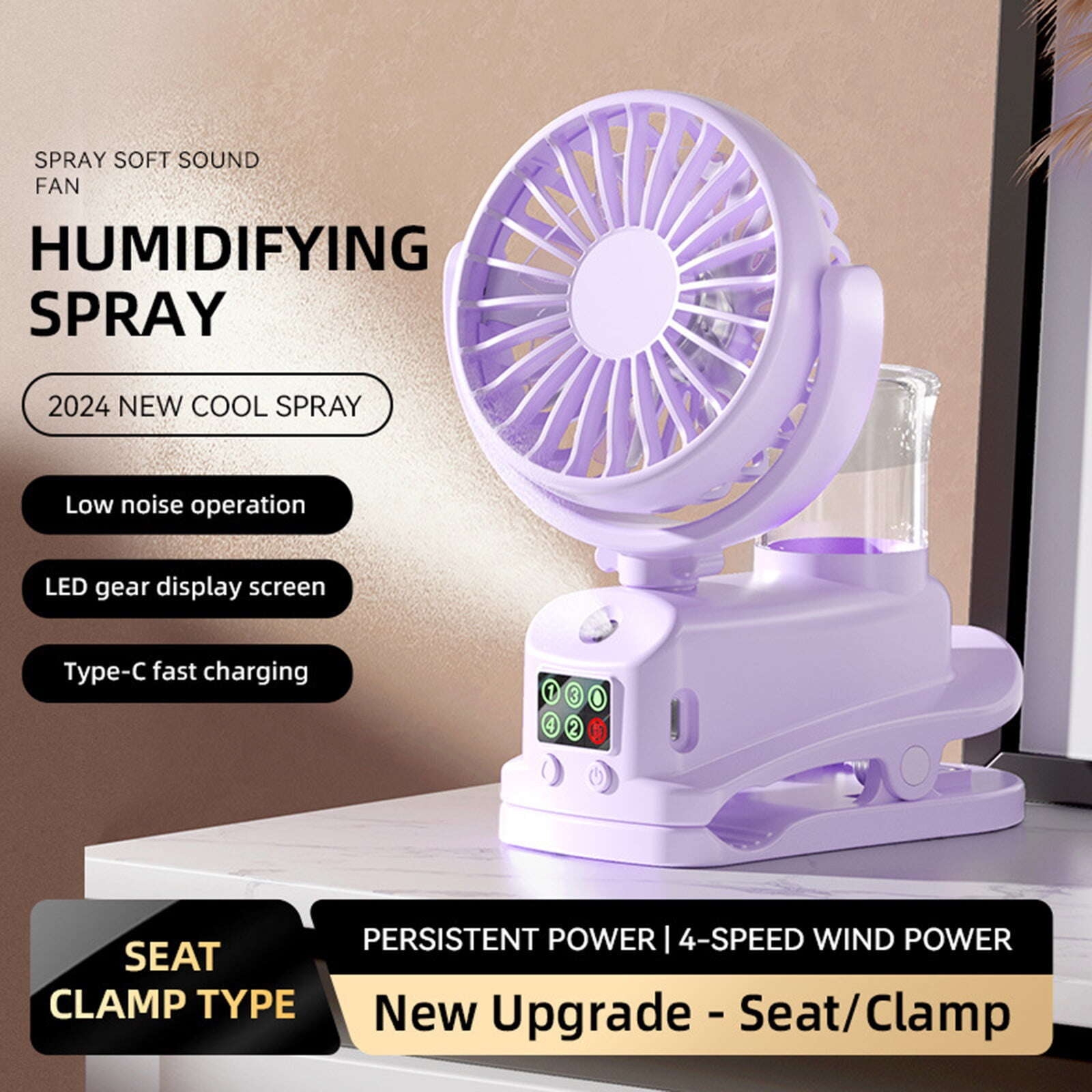 Gnmfd USB Rechargeable Clip Fan with Spray 4 Speed Quiet Strong Wind 360° Rotation Portable Desk Fan Type-C Charging Cooling Fan for Bedroom Office Travel Outdoor