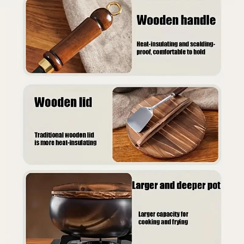 1件 suntuup 日式铸铁煎锅 - 9, 45英寸未涂层圆底锅，带木质盖，适用于电磁炉和燃气灶，耐用炊具，适用于炒菜、煎锅、家庭厨房使用，炒锅，传统日式设计，天然木柄 商品详情 5