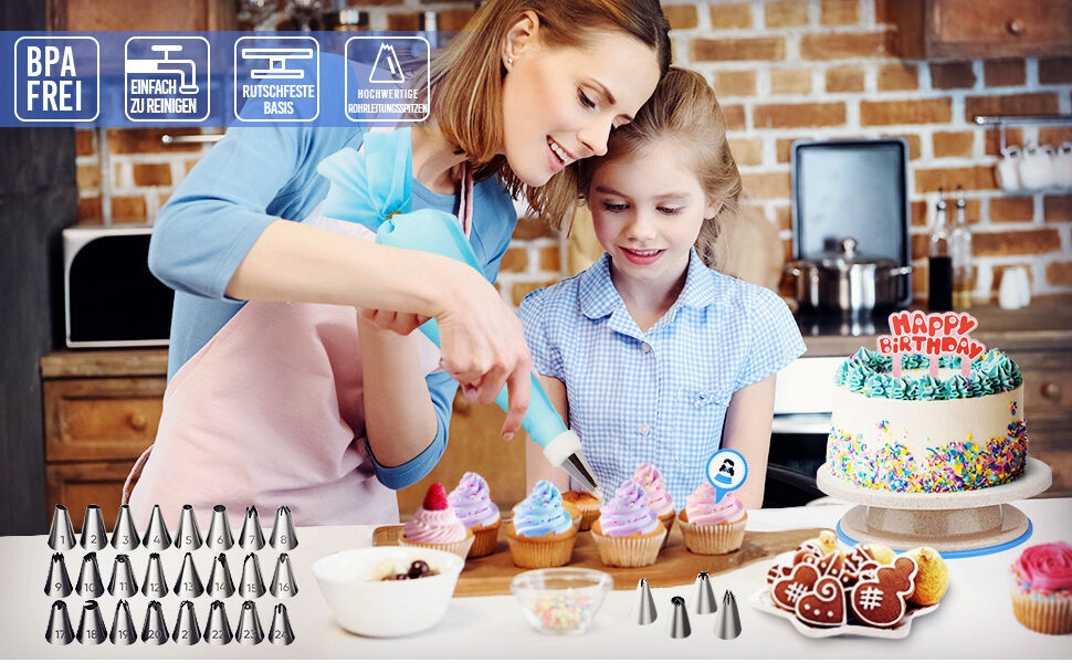 a woman and a young girl decorating cupcakes.