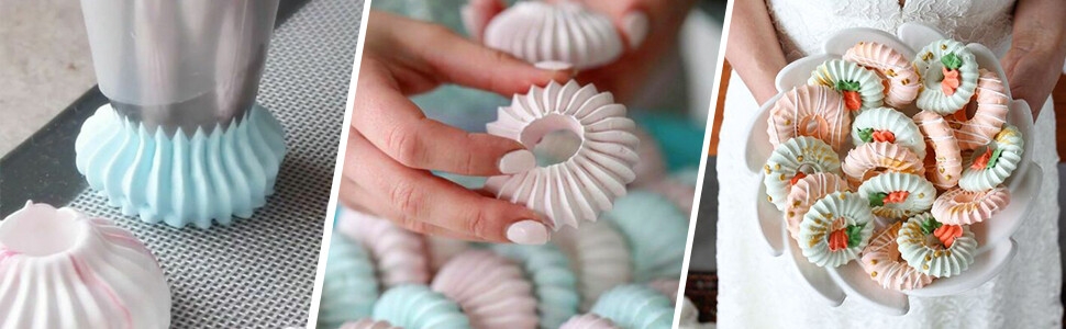 Colorful spiral-shaped meringue cookies in pastel pink and blue. Three panels show individual cookies, a hand holding one, and a plate full of them.