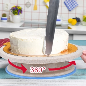 Rotating cake turntable with white frosted cake and knife. Red arrow indicates 360-degree rotation. Kitchen background visible.