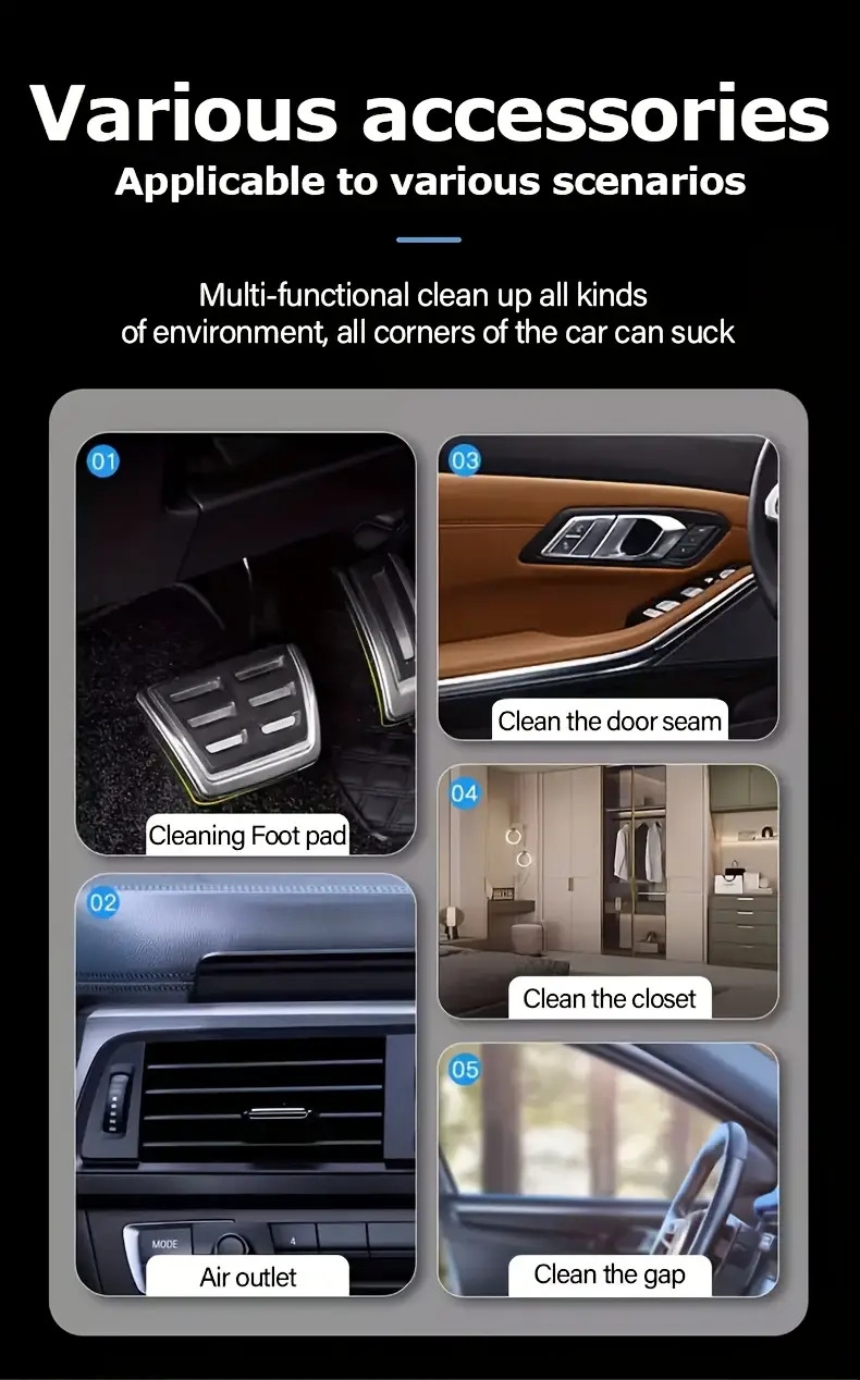 手持式汽车吸尘器，16000pa汽车吸尘器便携式无绳，2合1空气除尘器和吸尘器，多喷嘴，120w高功率手持吸尘器，适用于汽车，家居，宠物，办公室，迷你吸尘器 详情 5