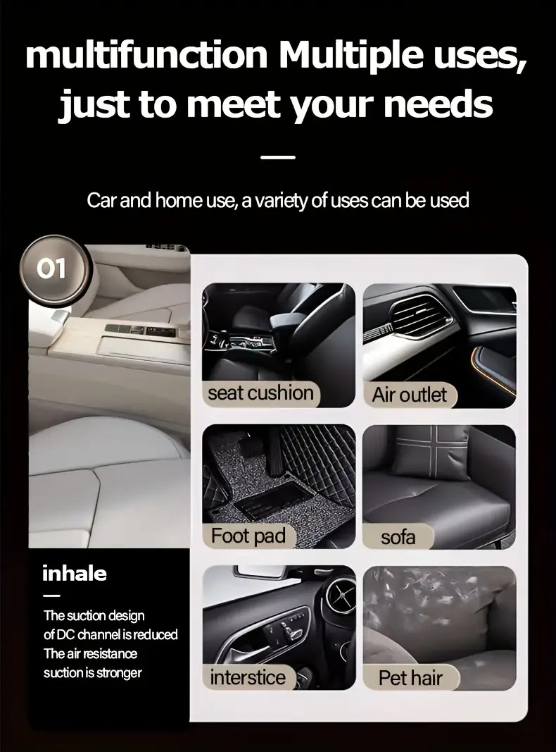 手持式汽车吸尘器，16000pa汽车吸尘器便携式无绳，2合1空气除尘器和吸尘器，多喷嘴，120w高功率手持吸尘器，适用于汽车，家居，宠物，办公室，迷你吸尘器 详情 3
