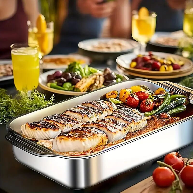 2/4/6pcs 超大重型不锈钢烤盘带盖 - 不粘，厚方形烤箱托盘，用于甜点、面包和海鲜 - 非常适合烧烤、自助餐服务托盘 | 宽敞的设计 | 不粘表面，烤箱托盘 商品详情 3