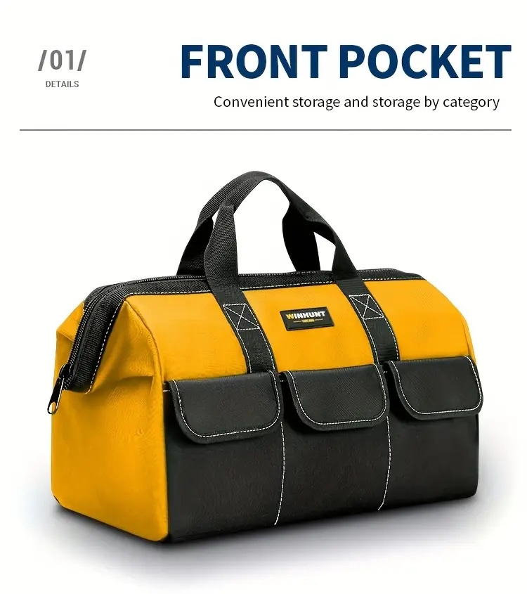   重型耐磨工具包 - 加厚便携式宽口多隔层电工、木匠、机械师及家用（黄色/黑色）| 坚固手柄工具袋 | 多功能工具收纳包 商品详情 1