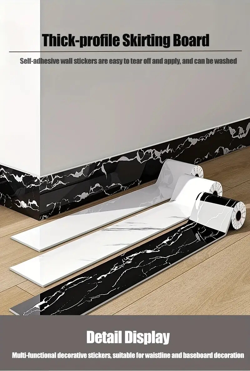 1卷=196.85英寸长x3.94英寸宽,加厚大卷大理石自粘踢脚线墙纸,即剥即贴,diy可拆卸,无残留移除,易粘贴,pet乙烯基材料,防水,防潮,易打理,可水洗,适用于电视背景墙门框相框装饰贴纸,家具饰品。客厅墙角,天花墙角,厨房角落,卫生间隔断踢脚线墙贴,翻新壁纸 商品详情 0