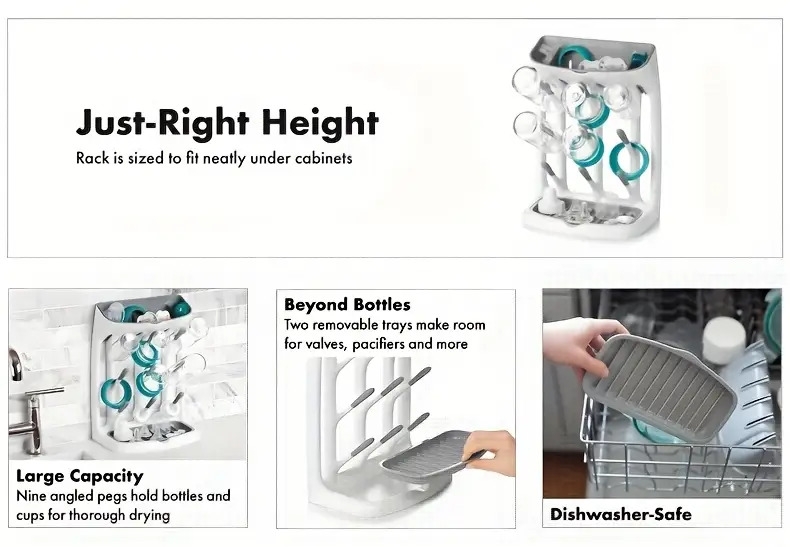 瓶子干燥架,储物架,可容纳多达9个瓶子、奶嘴、吸乳器部件及其他配件,立式设计占地小巧节省柜台空间 商品详情 0
