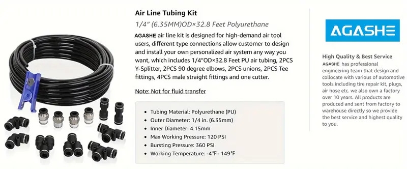 空气管套件,1/4 英寸(6.35 毫米)外径 x 32.8 英尺聚氨酯 pu 管和推入式连接配件,14 件压缩管和配件套件 商品详情 1