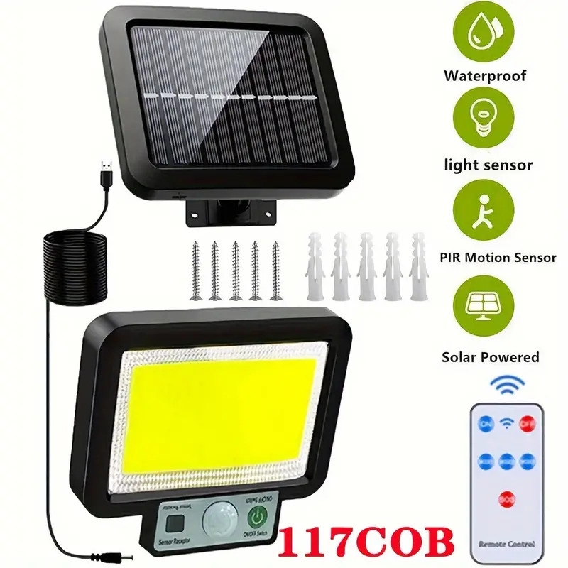 1pc waterproof split solar wall lamp garden lighting outdoor pir induction street light 117 cob motion sensor security lights with lights reflector and 3 lighting modes remote control solar powered outside lamp for garden patio yard path parking lot details 0