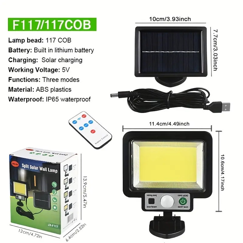 1pc waterproof split solar wall lamp garden lighting outdoor pir induction street light 117 cob motion sensor security lights with lights reflector and 3 lighting modes remote control solar powered outside lamp for garden patio yard path parking lot 3