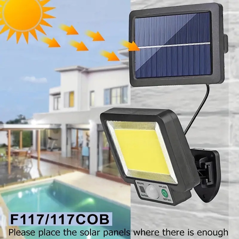 1pc waterproof split solar wall lamp garden lighting outdoor pir induction street light 117 cob motion sensor security lights with lights reflector and 3 lighting modes remote control solar powered outside lamp for garden patio yard path parking lot details 1