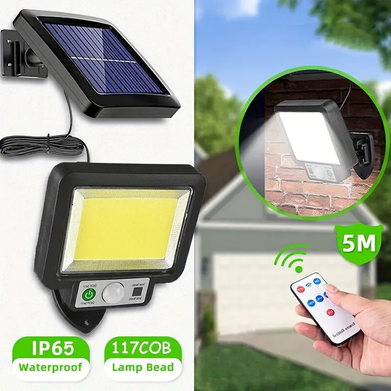 1pc waterproof split solar wall lamp garden lighting outdoor pir induction street light 117 cob motion sensor security lights with lights reflector and 3 lighting modes remote control solar powered outside lamp for garden patio yard path parking lot 1