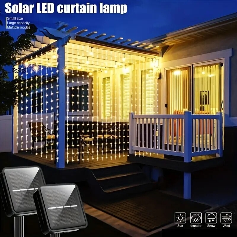 1pc solar curtain string lights outdoor 118 11 inch 300 led fairy window fairy lights 8 lighting modes ip65 waterproof suitable for home garden patio porch backyard wedding party thanksgiving halloween decorations 0