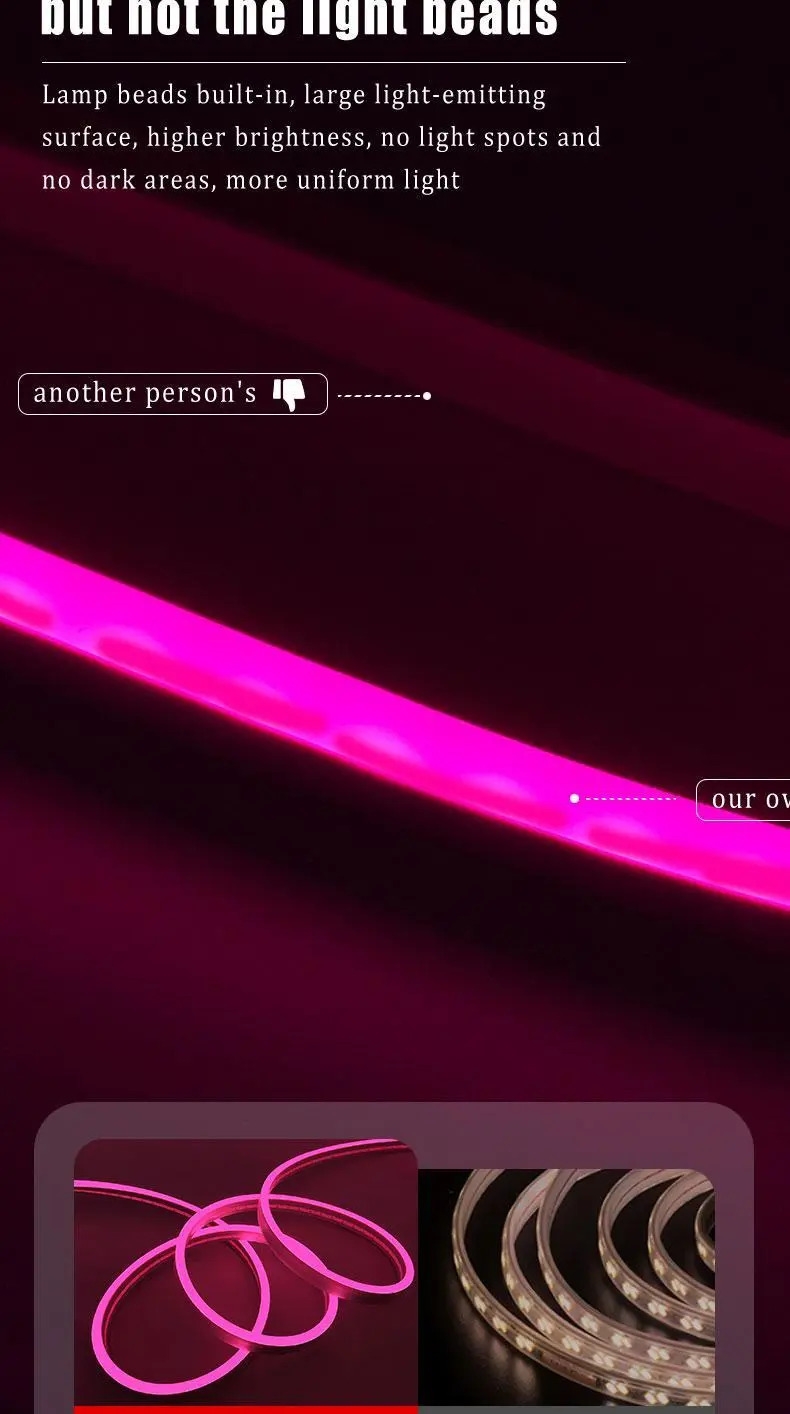 1条粉色led霓虹灯带，usb供电，带按钮控制，安全电压5v，适合生日派对装饰和圣诞户外活动 - 无需电池 详情 1