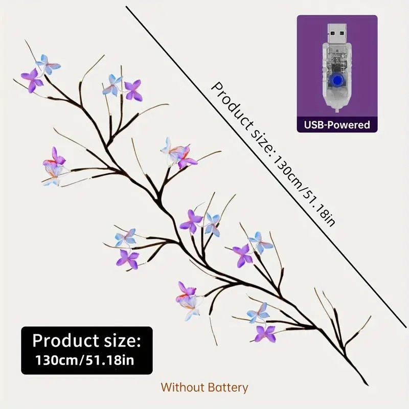 1pc butterfly branch led wall light 4 26ft 30 leds usb powered with 8 lighting   decorative fairy light for indoor room living room office outdoor patio garden backyard lawn fence   wall decor valentines day christmas decoration festive atmosphere creation no battery included details 2