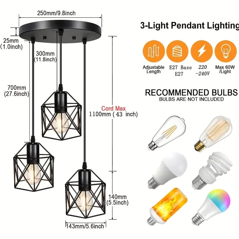 1pc vintage 3 lights ceiling lamp adjustable hanging pendant lights industrial flush mount ceiling lighting fixture e27 base black geometric ceiling hanging lamp for kitchen dinning room hallway 4
