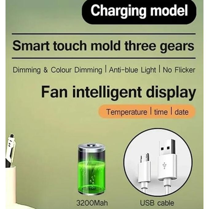 Generic Lampe de Table LED avec ventilateur et horloge, lampe de bureau de lecture pour bureau d'étude, veilleuse à luminosité réglable - image 5