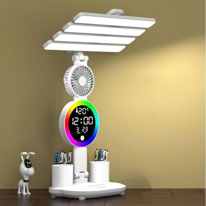 Generic Lampe de Table LED avec ventilateur et horloge, lampe de bureau de lecture pour bureau d'étude, veilleuse à luminosité réglable