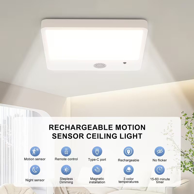 1pc 感应吸顶灯、无绳壁橱灯、可充电磁性安装 led 淋浴灯带遥控器,适用于浴室、楼梯、车库、走廊,3 种色温 商品详情 4