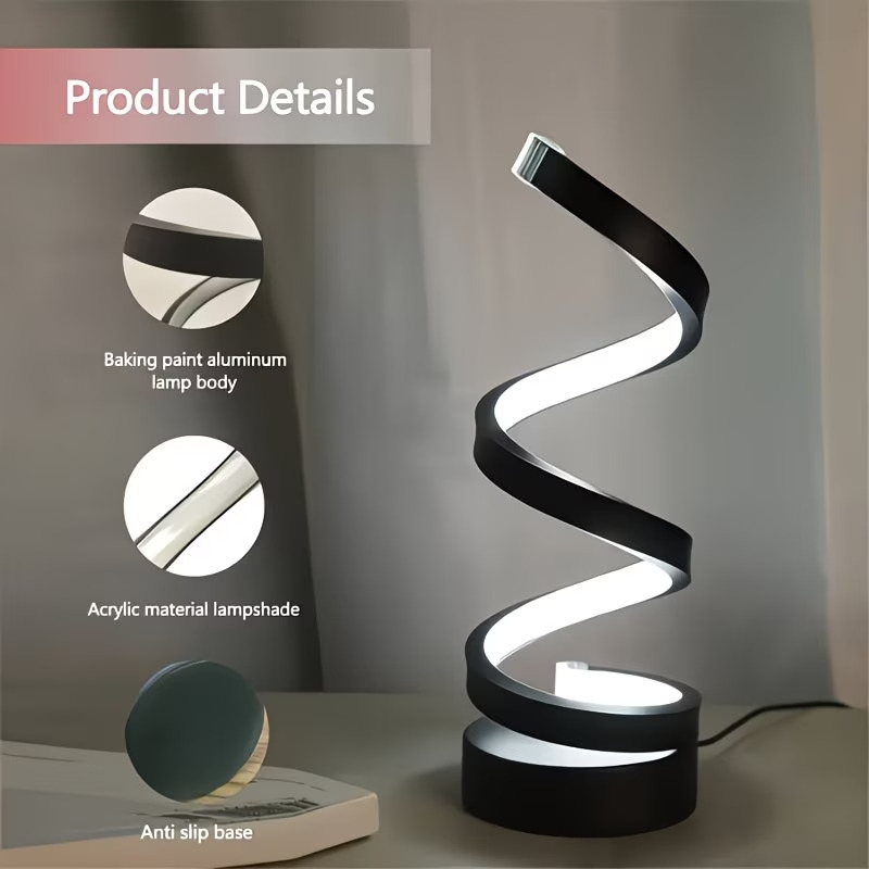 an adjustable black desk lamp with a spiral led arm featuring a button to switch between   colors and brightness levels providing warm light   suitable for   desktop uses making it a perfect christmas gift Product details 1