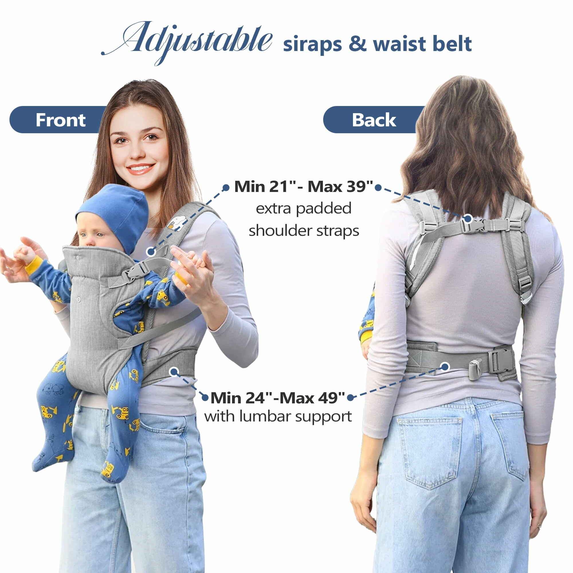 RUPOUN Baby Carrier, Convertible Soft & Cool Baby Carrier, 4-Position, Gray, for Child, Infant, Newborn