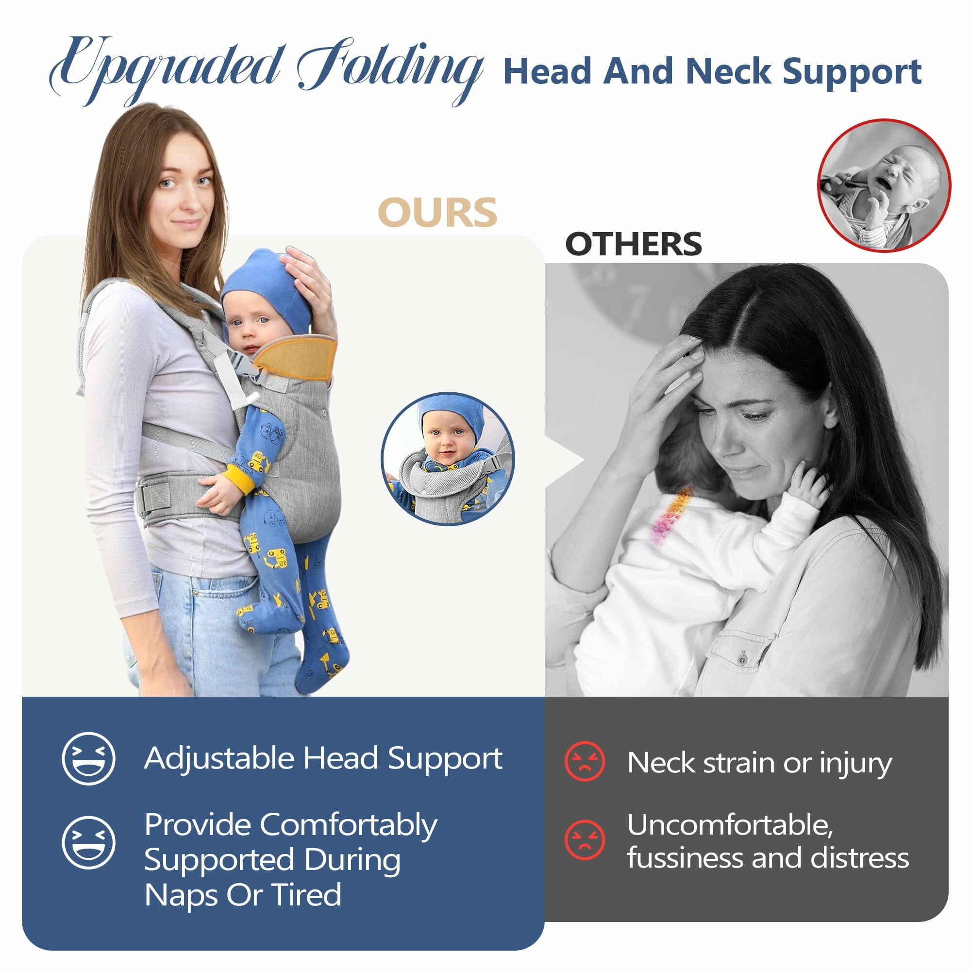 RUPOUN Baby Carrier, Convertible Soft & Cool Baby Carrier, 4-Position, Gray, for Child, Infant, Newborn