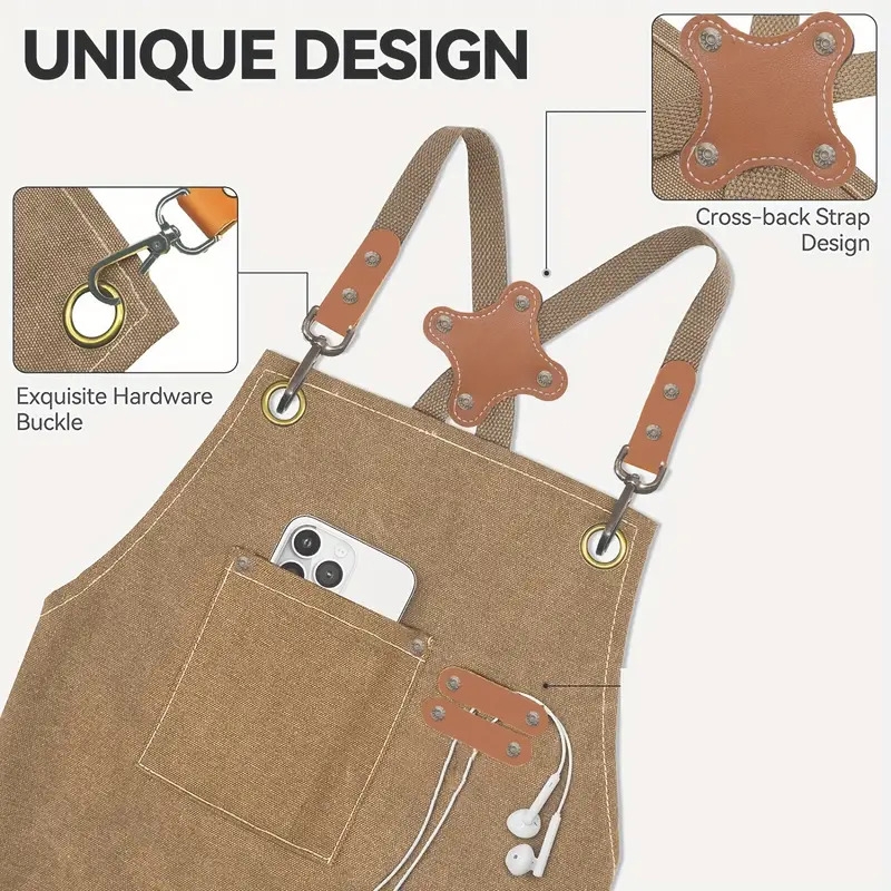 1pc polyester canvas work apron adjustable cross back chef apron with metal rivet and hooks anti dislodging pockets for men women 500g m woven fabric for cooking kitchen bbq artist details 3