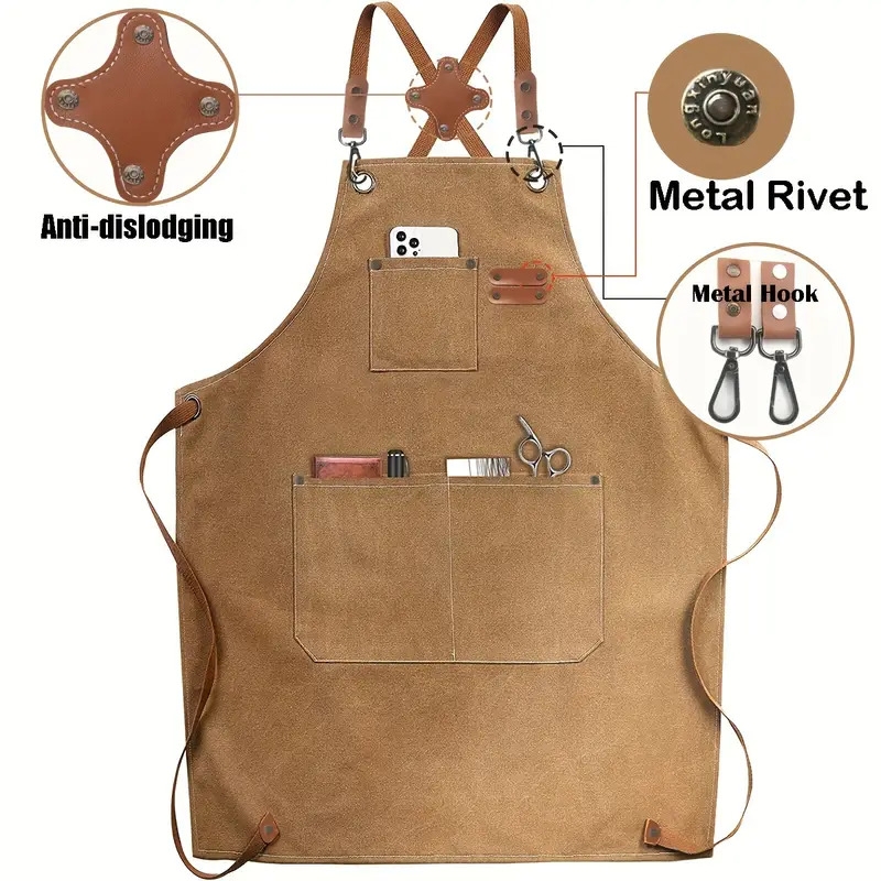 1pc polyester canvas work apron adjustable cross back chef apron with metal rivet and hooks anti dislodging pockets for men women 500g m woven fabric for cooking kitchen bbq artist details 0