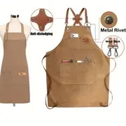 1pc polyester canvas work apron adjustable cross back chef apron with metal rivet and hooks anti dislodging pockets for men women 500g m woven fabric for cooking kitchen bbq artist details 1
