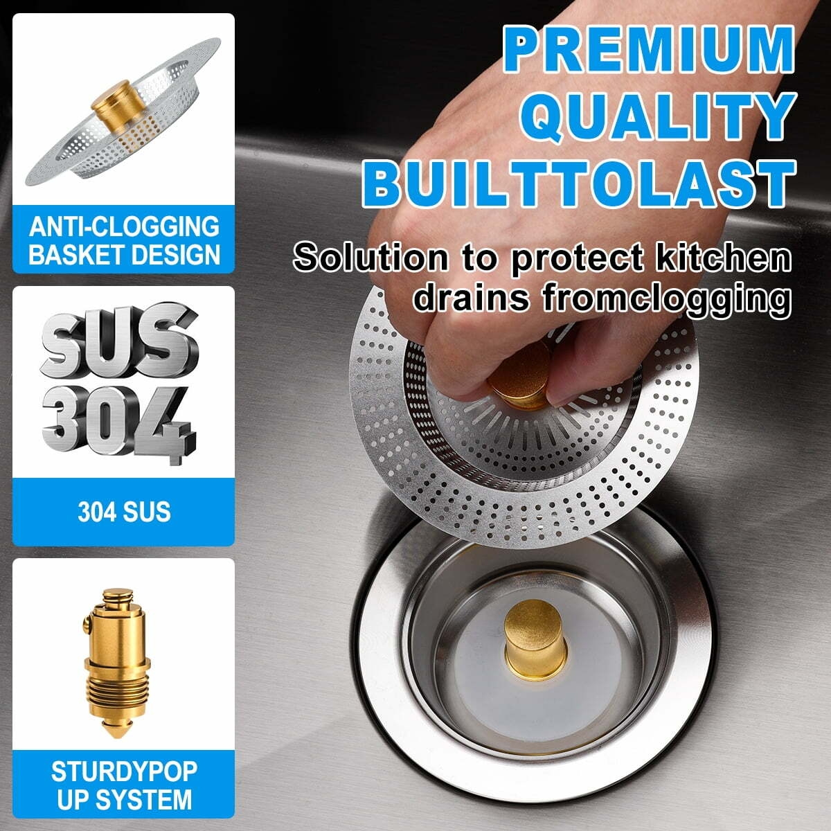 Upgraded 3-in-1 Kitchen Sink Drain Strainer & Stopper, Stainless Steel Kitchen Drain Plug & Cover with Anti-Clogging Basket Strainer, Fit USS Standard 3-1/2 in Sink Drain Hole, Silver