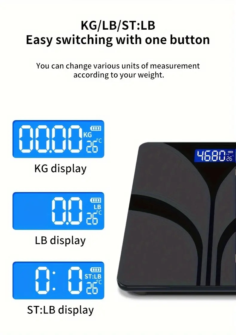 时尚黑色智慧家庭秤,带有易于读取的 lcd 显示屏 - 精确到 0.1 lbs/400 lbs,温度和重量测量,现代浴室优雅设计,aaa 电池供电(不含电池) 商品详情 3