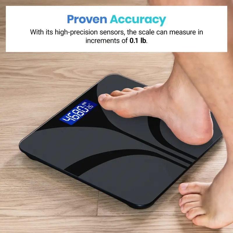 时尚黑色智慧家庭秤,带有易于读取的 lcd 显示屏 - 精确到 0.1 lbs/400 lbs,温度和重量测量,现代浴室优雅设计,aaa 电池供电(不含电池) 商品详情 2