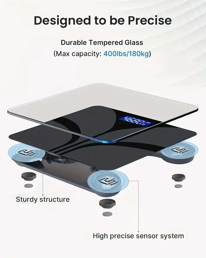 时尚黑色智慧家庭秤,带有易于读取的 lcd 显示屏 - 精确到 0.1 lbs/400 lbs,温度和重量测量,现代浴室优雅设计,aaa 电池供电(不含电池) 商品详情 6