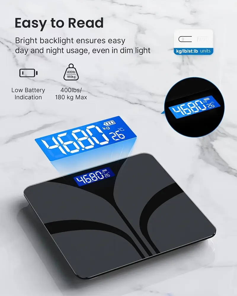时尚黑色智慧家庭秤,带有易于读取的 lcd 显示屏 - 精确到 0.1 lbs/400 lbs,温度和重量测量,现代浴室优雅设计,aaa 电池供电(不含电池) 商品详情 4
