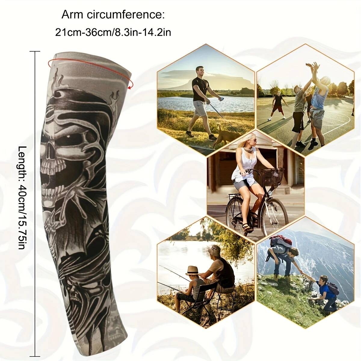 10件uv防护臂套 - upf50+ 防晒速干防滑扣合设计 - 摩托车、骑行、跑步用男女通用(10件装)- 运动员理想礼物,户外运动必备,纹身风格透气面料,耐用材质,清凉袖套,健身爱好者首选 详情 9