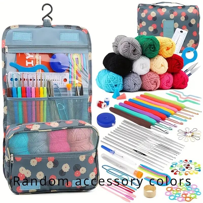 130 piece crochet kit with multicolor yarn fabric storage   season essentials for knitting crafting accessories   hooks scissors needles   markers more 0