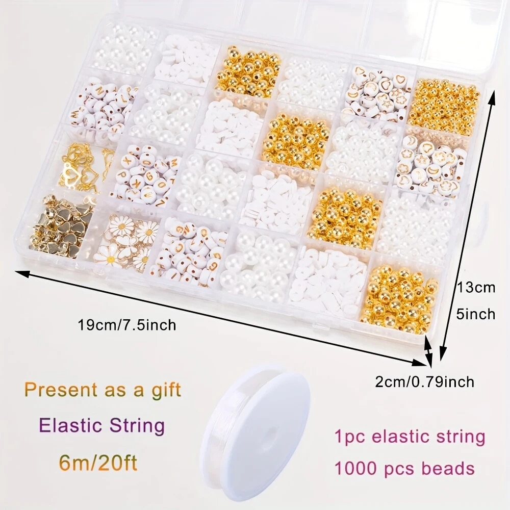1000 件 diy 珠宝制作套装，简约风格雏菊吊坠，白色聚合物粘土珠，金色间隔珠，白色光面塑料珍珠和字母珠，用于制作手镯珠宝配饰 - 串珠套装 详情 4