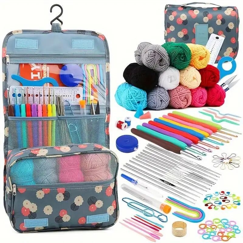 130 piece crochet kit with multicolor yarn fabric storage season essentials for knitting crafting accessories hooks scissors needles markers more 1