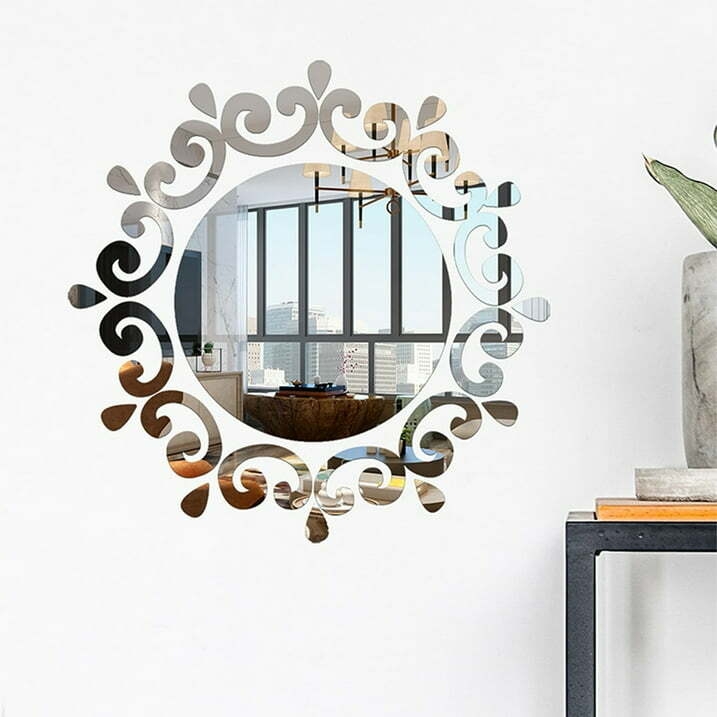 Irene Inevent 50 Pieces Mirror Wall Sticker DIY Creative Design Flower Disc Shape Ornaments Walls Decal Kitchen Home Office Hallway Bathroom