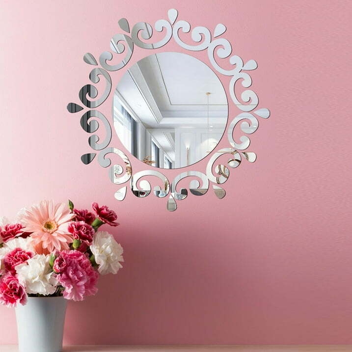 Irene Inevent 50 Pieces Mirror Wall Sticker DIY Creative Design Flower Disc Shape Ornaments Walls Decal Kitchen Home Office Hallway Bathroom