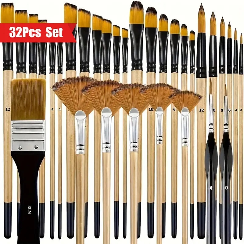32pcs artist paint brush set with nylon bristles round     angled fine detail brushes for acrylic oil watercolor painting ideal for artists beginners 0