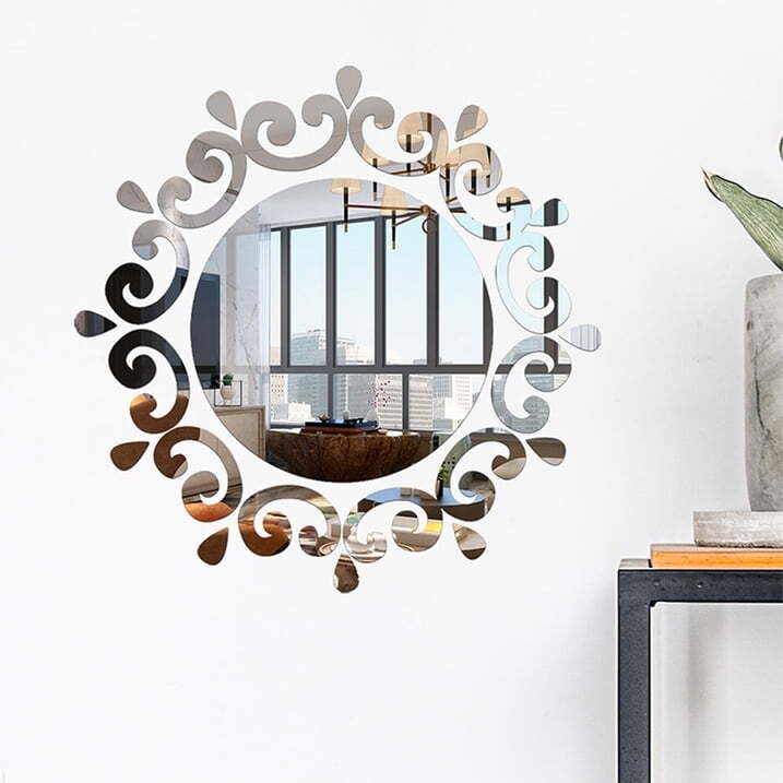 Irene Inevent 50 Pieces Mirror Wall Sticker DIY Creative Design Flower Disc Shape Ornaments Walls Decal Kitchen Home Office Hallway Bathroom