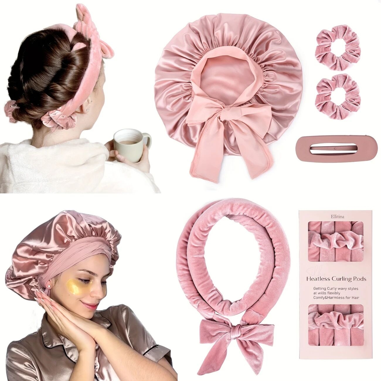   5件套无热卷发器&豪华缎面睡帽 | 春夏季防毛躁海浪，适合所有发型的夜间护理卷发套装 | 高级母亲节礼盒含丝绒直发棒及配饰 详情 1